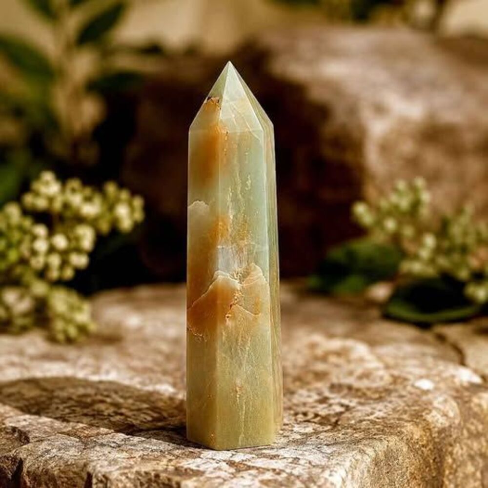 Banded Calcite Crystal Tower Green Honey Yellow Polished Point